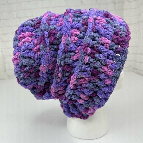 Handmade New Purple Pink Chunky Chenille Slouchy Winter Knit Beanie Large - Picture 1 of 11